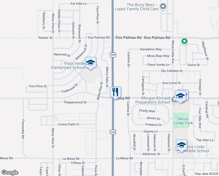 map of restaurants, bars, coffee shops, grocery stores, and more near 13400 Merry Oaks Street in Victorville