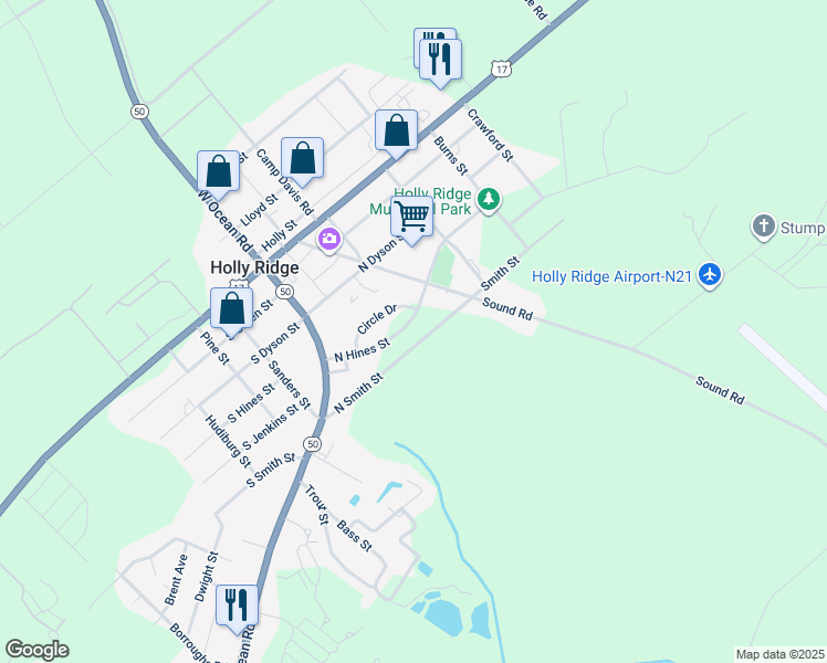 map of restaurants, bars, coffee shops, grocery stores, and more near 144 North Hines Street in Holly Ridge