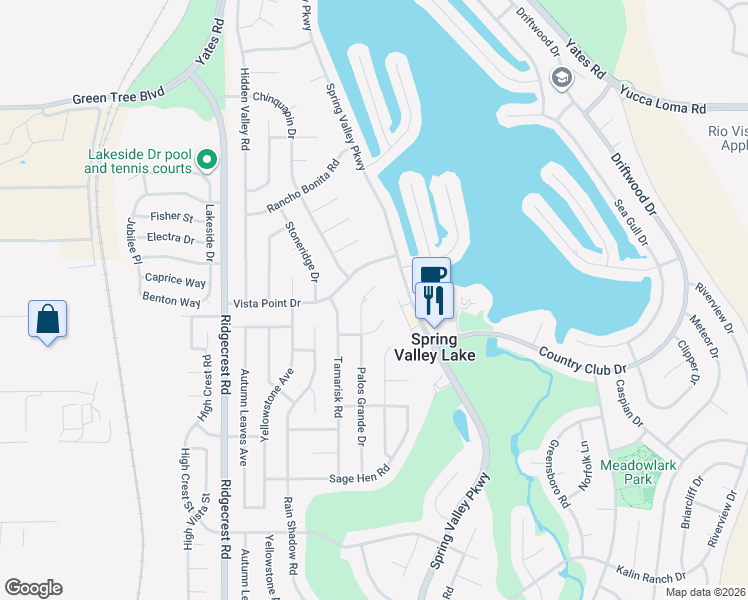 map of restaurants, bars, coffee shops, grocery stores, and more near 13345 Palos Grande Drive in Victorville