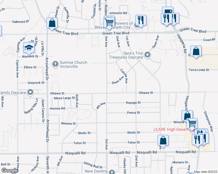 map of restaurants, bars, coffee shops, grocery stores, and more near 13341 3rd Avenue in Victorville