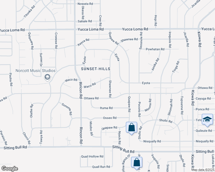 map of restaurants, bars, coffee shops, grocery stores, and more near 13346 Shawnee Road in Apple Valley