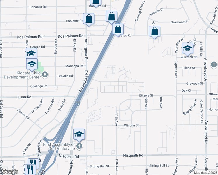 map of restaurants, bars, coffee shops, grocery stores, and more near 13393 Mariposa Road in Victorville