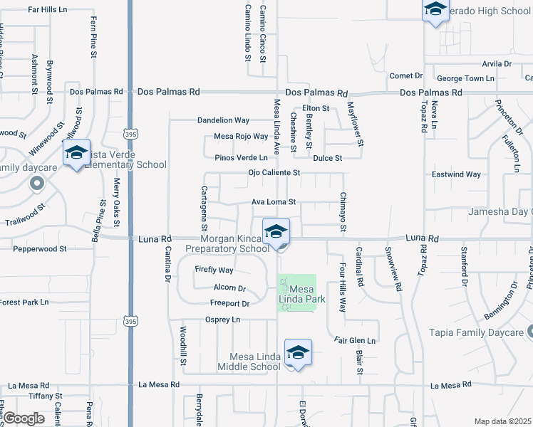 map of restaurants, bars, coffee shops, grocery stores, and more near 12472 Los Pinos Street in Victorville