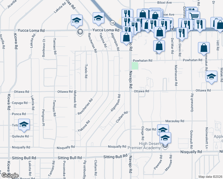 map of restaurants, bars, coffee shops, grocery stores, and more near 13360 Yakima Road in Apple Valley
