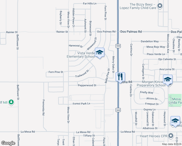 map of restaurants, bars, coffee shops, grocery stores, and more near 13360 Dunwood Court in Victorville