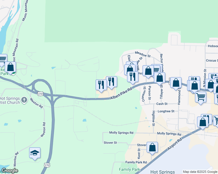 map of restaurants, bars, coffee shops, grocery stores, and more near 2254 Albert Pike Road in Hot Springs