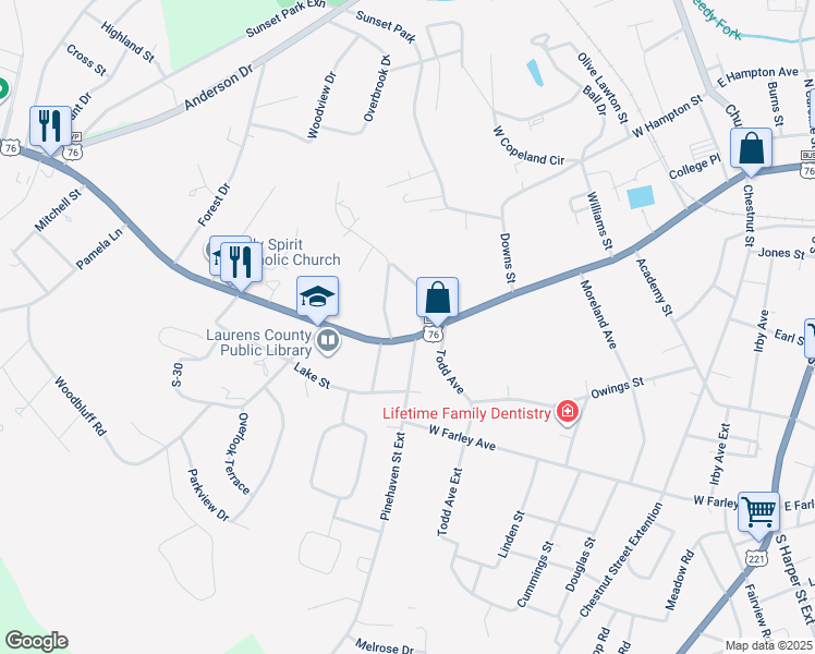 map of restaurants, bars, coffee shops, grocery stores, and more near 964 West Main Street in Laurens