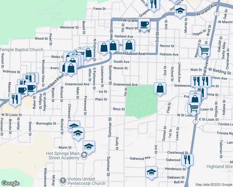 map of restaurants, bars, coffee shops, grocery stores, and more near 925 Greenwood Avenue in Hot Springs