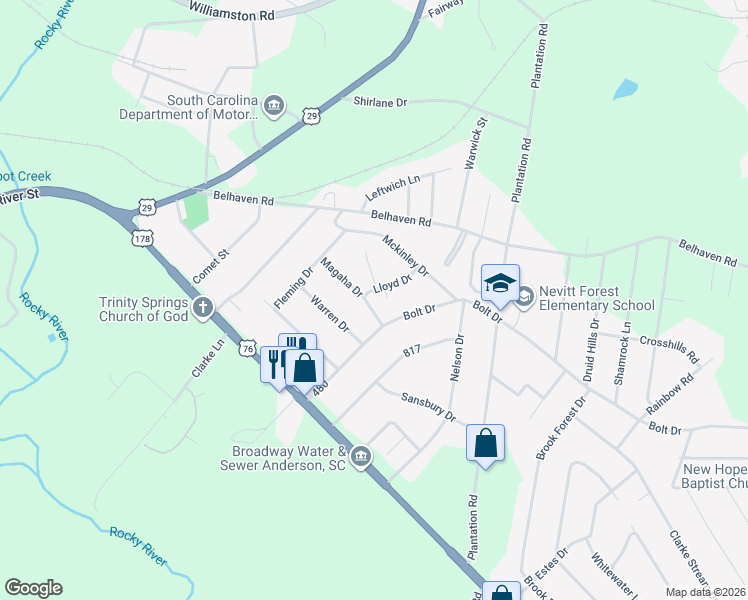 map of restaurants, bars, coffee shops, grocery stores, and more near 2509 Magaha Drive in Anderson