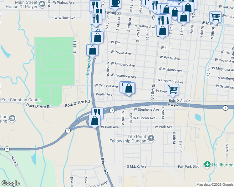 map of restaurants, bars, coffee shops, grocery stores, and more near 705 South 14th Street in Duncan