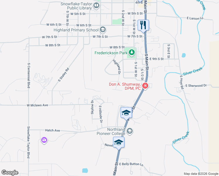 map of restaurants, bars, coffee shops, grocery stores, and more near 327 Aspen Way in Snowflake