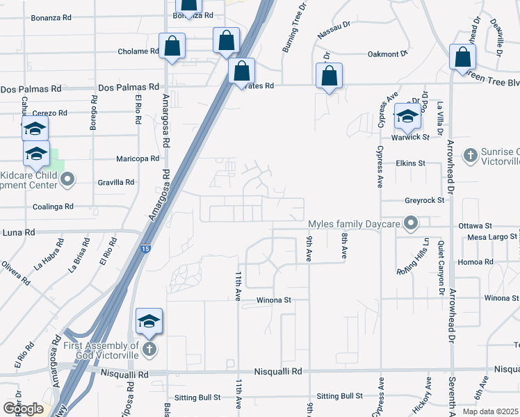 map of restaurants, bars, coffee shops, grocery stores, and more near 13393 Mariposa Road in Victorville