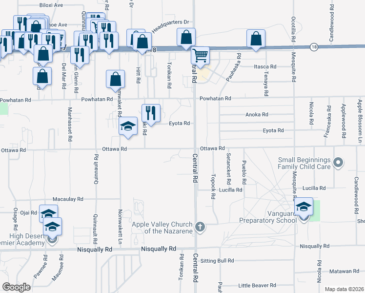map of restaurants, bars, coffee shops, grocery stores, and more near 22458 Ottawa Road in Apple Valley