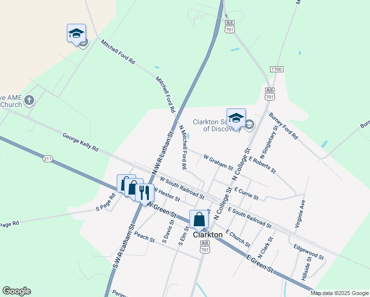 map of restaurants, bars, coffee shops, grocery stores, and more near Mitchell Ford Road in Clarkton