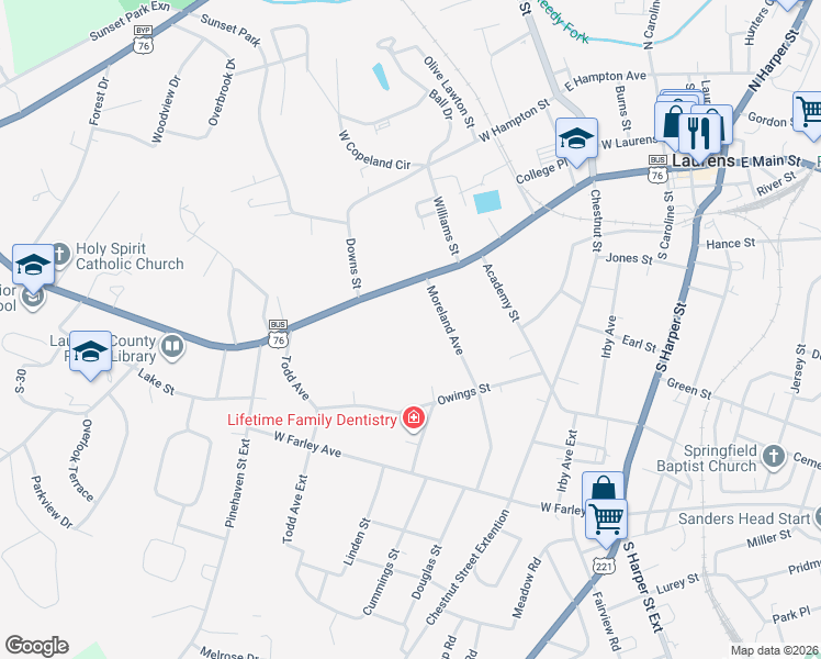 map of restaurants, bars, coffee shops, grocery stores, and more near 753 West Main Street in Laurens