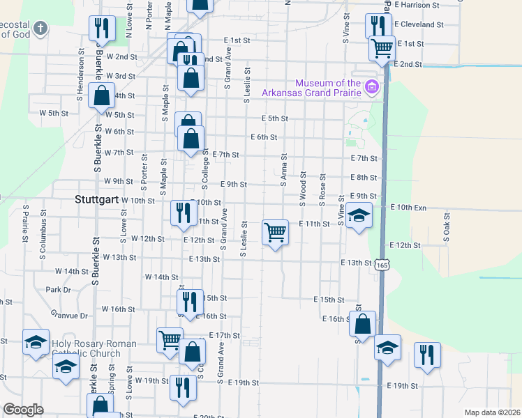 map of restaurants, bars, coffee shops, grocery stores, and more near 407 East 10th Street in Stuttgart