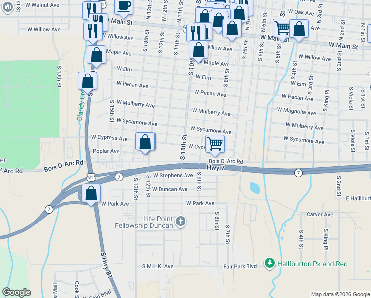 map of restaurants, bars, coffee shops, grocery stores, and more near 911 West Cypress Avenue in Duncan