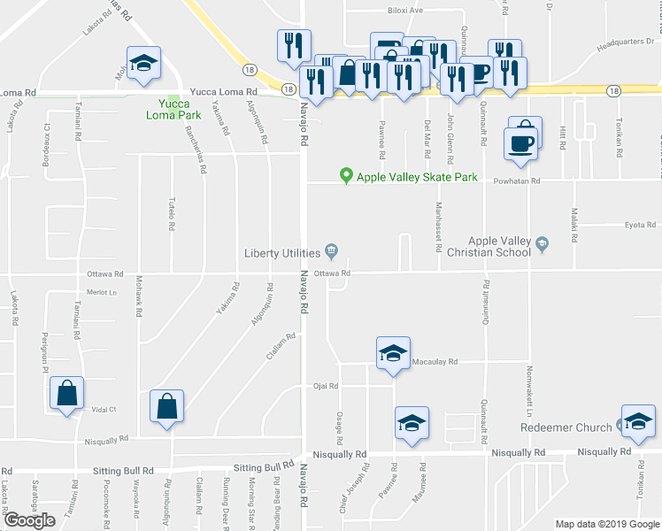 map of restaurants, bars, coffee shops, grocery stores, and more near 21760 Ottawa Road in Apple Valley
