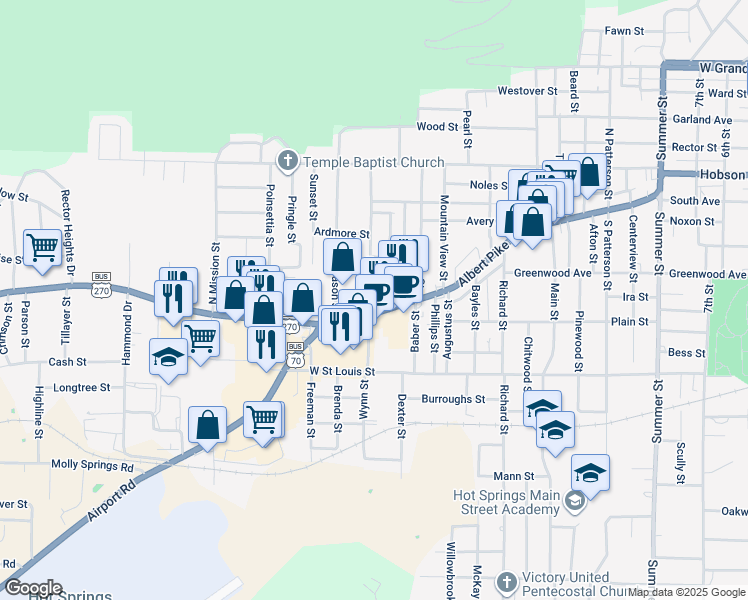 map of restaurants, bars, coffee shops, grocery stores, and more near 119 Cooper Street in Hot Springs