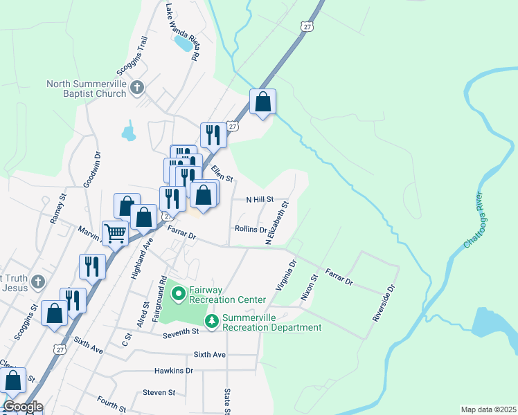 map of restaurants, bars, coffee shops, grocery stores, and more near 77 Frances Street in Summerville