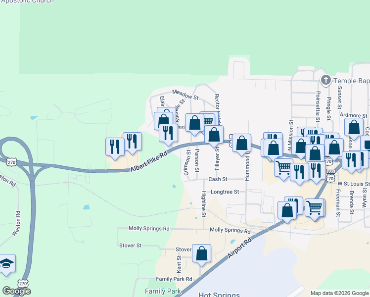 map of restaurants, bars, coffee shops, grocery stores, and more near 2001 Albert Pike Road in Hot Springs