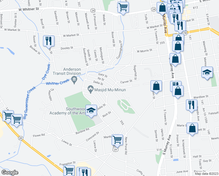 map of restaurants, bars, coffee shops, grocery stores, and more near 702 Delia Street in Anderson