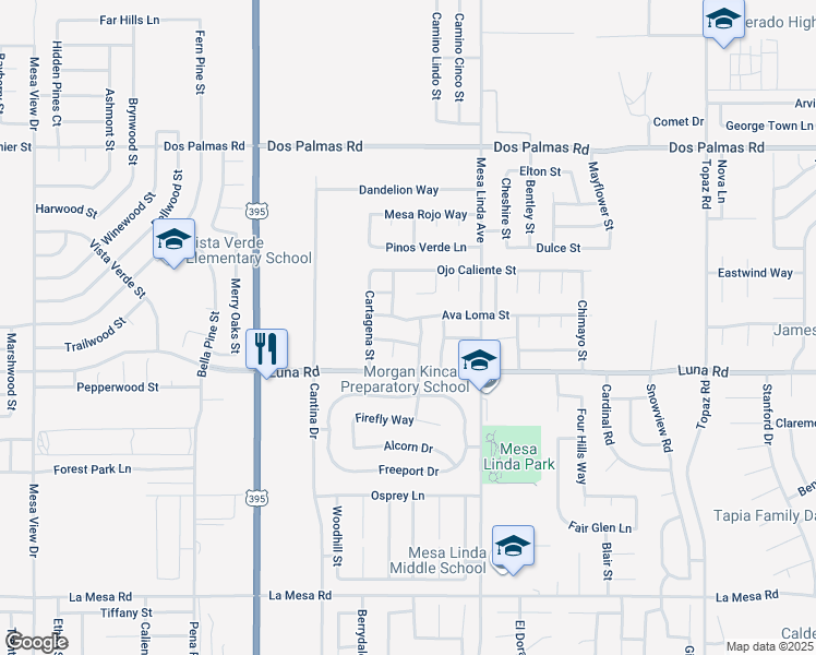 map of restaurants, bars, coffee shops, grocery stores, and more near 12363 Ava Loma Street in Victorville
