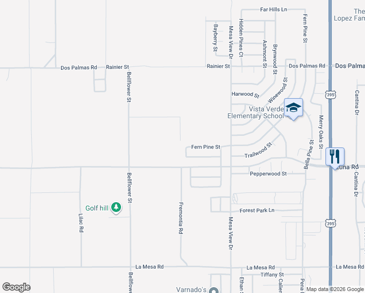 map of restaurants, bars, coffee shops, grocery stores, and more near 13370 Maywood Street in Victorville