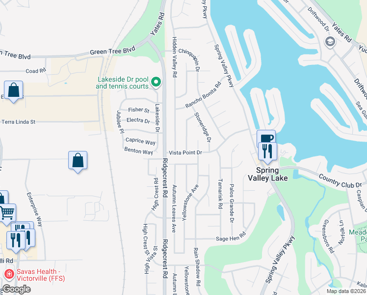 map of restaurants, bars, coffee shops, grocery stores, and more near 13320 Alta Vista Drive in Victorville
