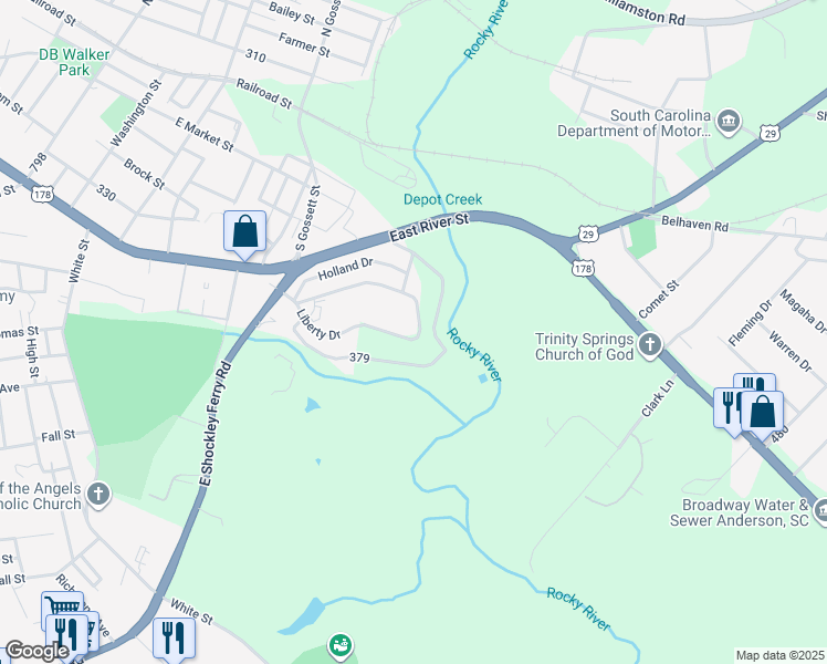 map of restaurants, bars, coffee shops, grocery stores, and more near 322 Liberty Drive in Anderson