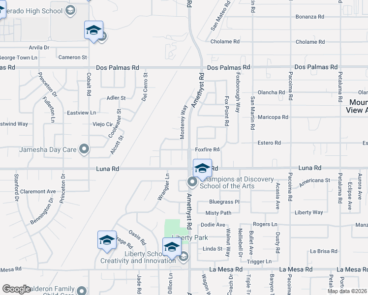 map of restaurants, bars, coffee shops, grocery stores, and more near 13403 Monterey Way in Victorville