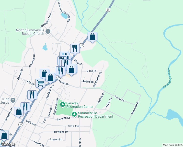 map of restaurants, bars, coffee shops, grocery stores, and more near 77 Frances Street in Summerville