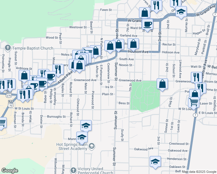 map of restaurants, bars, coffee shops, grocery stores, and more near 200 Ira Street in Hot Springs