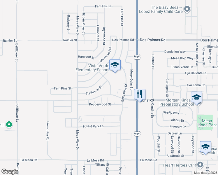 map of restaurants, bars, coffee shops, grocery stores, and more near 13380 Vista Verde Street in Victorville