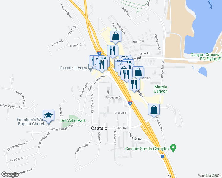 map of restaurants, bars, coffee shops, grocery stores, and more near 31621 Hunter Lane in Castaic