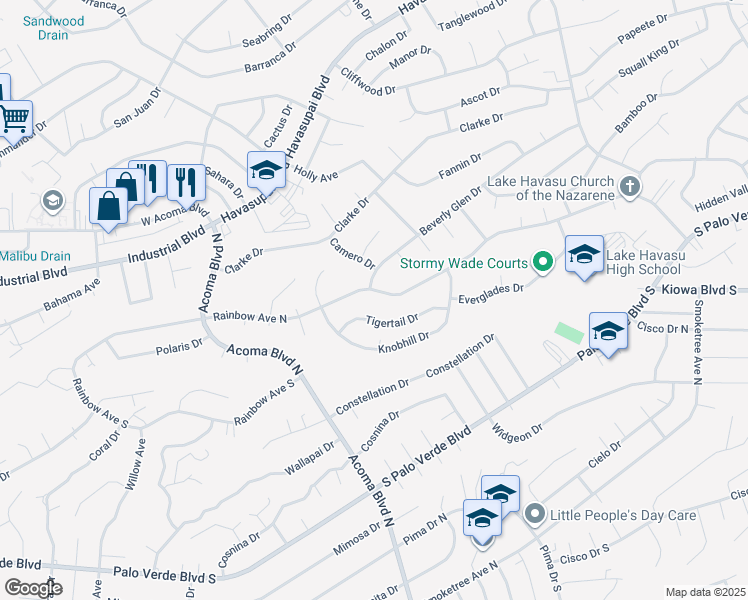 map of restaurants, bars, coffee shops, grocery stores, and more near 2324 Rainbow Avenue in Lake Havasu City