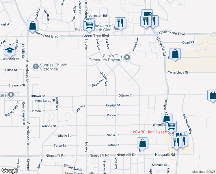 map of restaurants, bars, coffee shops, grocery stores, and more near 13357 Calcite Avenue in Victorville