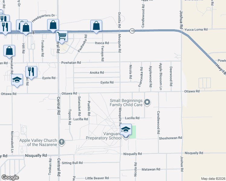 map of restaurants, bars, coffee shops, grocery stores, and more near 22854 Ottawa Road in Apple Valley