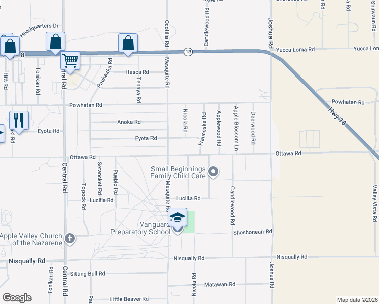 map of restaurants, bars, coffee shops, grocery stores, and more near 22968 Ottawa Road in Apple Valley