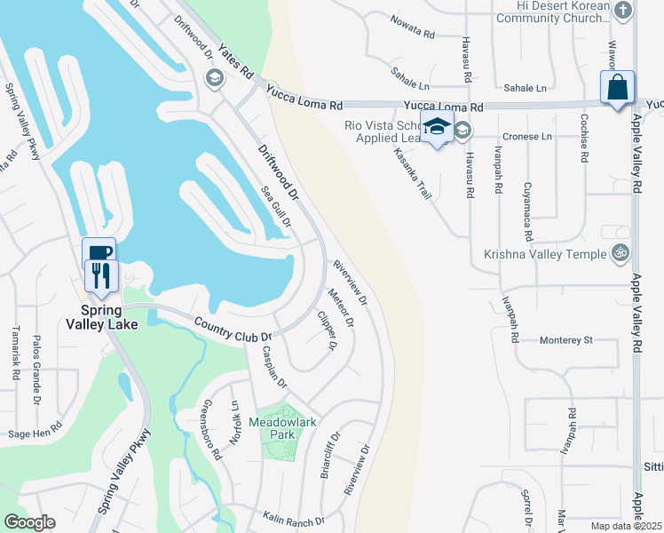map of restaurants, bars, coffee shops, grocery stores, and more near 13371 Country Club Drive in Victorville