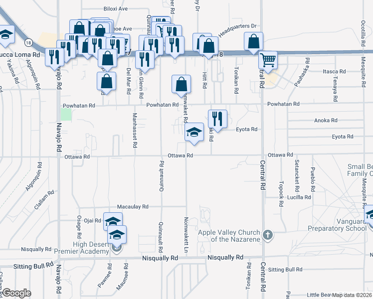 map of restaurants, bars, coffee shops, grocery stores, and more near 22230 Ottawa Road in Apple Valley