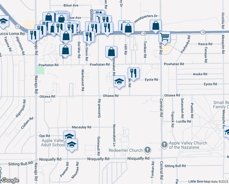 map of restaurants, bars, coffee shops, grocery stores, and more near Nomwaket Road in Apple Valley