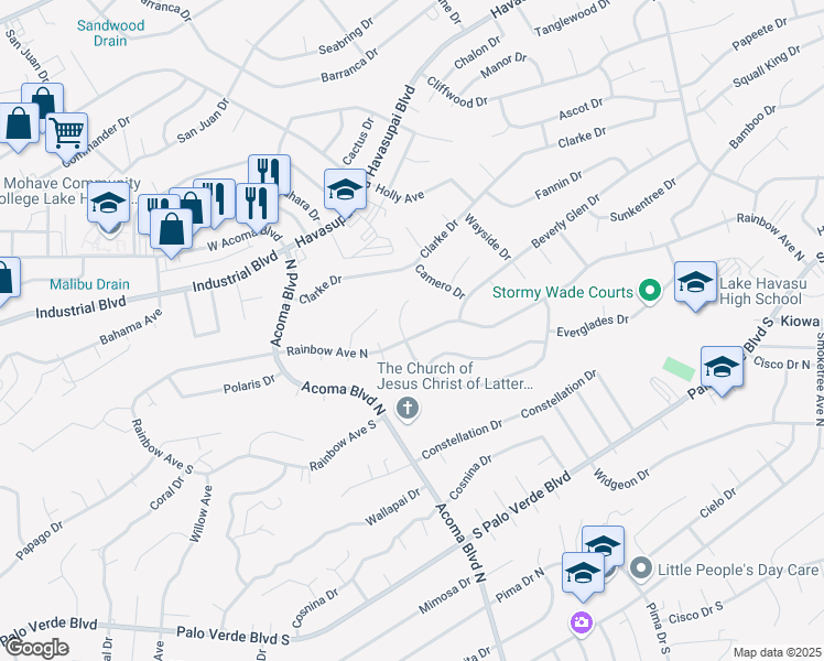 map of restaurants, bars, coffee shops, grocery stores, and more near 2285 Rainbow Avenue North in Lake Havasu City