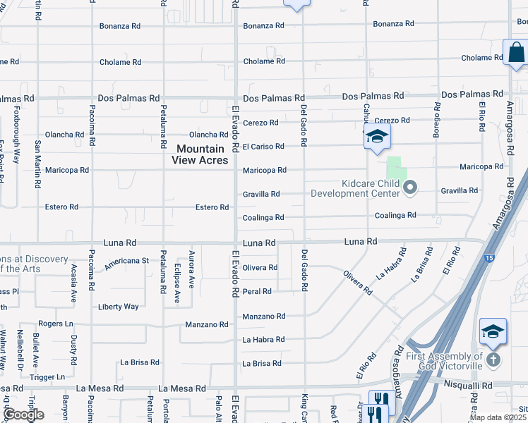 map of restaurants, bars, coffee shops, grocery stores, and more near 14580 Coalinga Road in Victorville