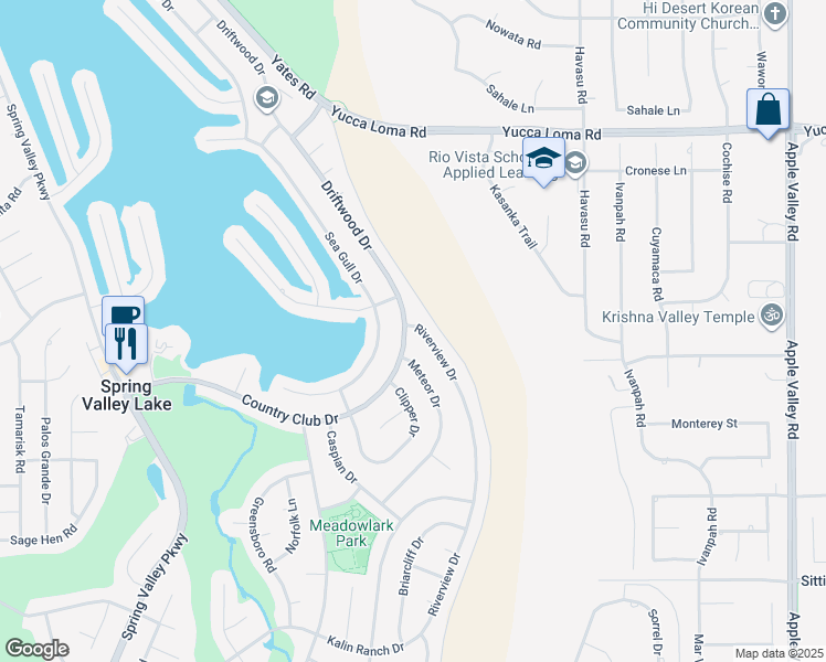 map of restaurants, bars, coffee shops, grocery stores, and more near 13371 Country Club Drive in Victorville