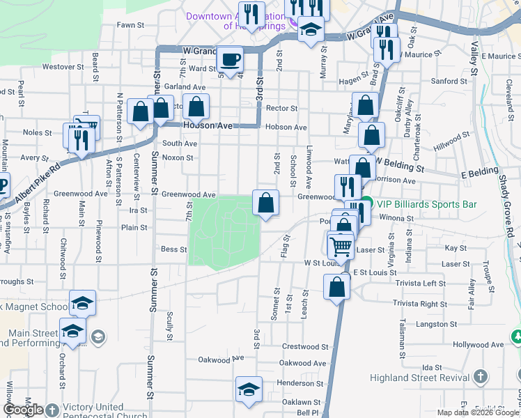 map of restaurants, bars, coffee shops, grocery stores, and more near 854 3rd Street in Hot Springs