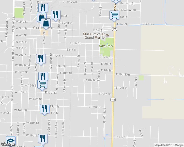 map of restaurants, bars, coffee shops, grocery stores, and more near 801 East 10th Street in Stuttgart