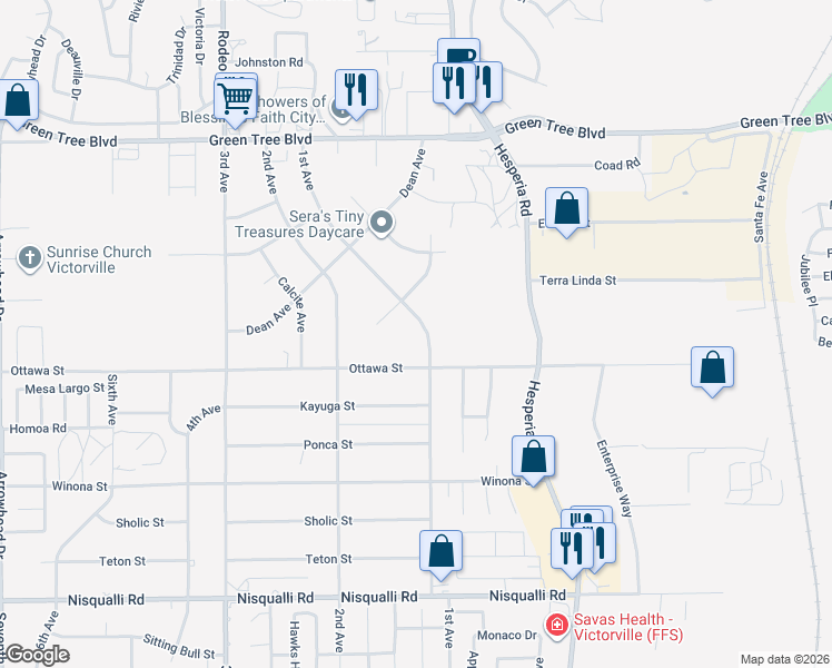 map of restaurants, bars, coffee shops, grocery stores, and more near 16789 Lambert Lane in Victorville