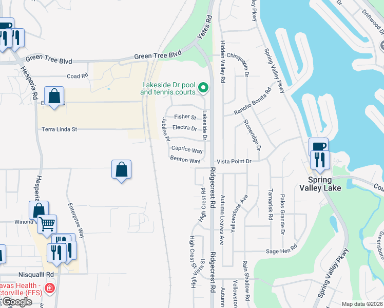 map of restaurants, bars, coffee shops, grocery stores, and more near 17633 Caprice Way in Victorville