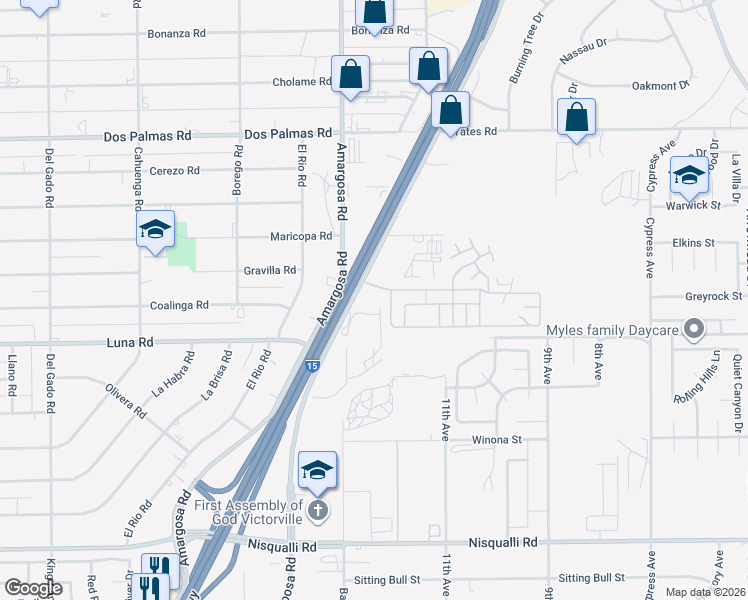 map of restaurants, bars, coffee shops, grocery stores, and more near 13409 Mariposa Road in Victorville